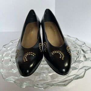 Mocassini Gold Detail Leather Pointed Toe‎ Pumps Heels Black Size 9.5M
